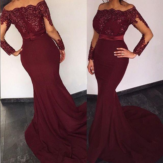 Burgundy Satin Long Sleeves Elie Saab Off the shoulder Appliques Mermaid Prom Dresses RS756