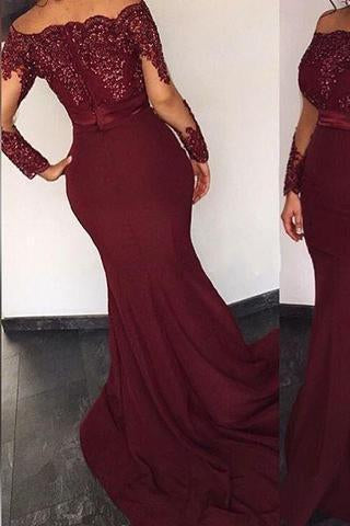 Burgundy Satin Long Sleeves Elie Saab Off the shoulder Appliques Mermaid Prom Dresses RS756