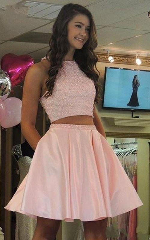 Two Pieces Beaded Fashion Sexy Short Satin Cute New Style Homecoming Dress RS441