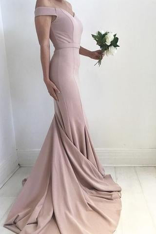 Blush Pale Pink Sexy Off the Shoulder Mermaid Charming Satin Sweep Train Prom Dresses RS163