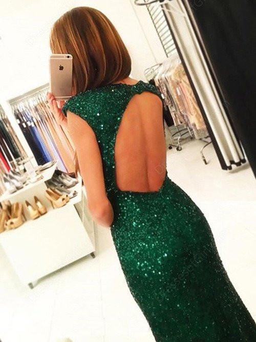 Dark Green Open Back Long Prom Dresses Sequins Split Bridesmaid Dress RS002