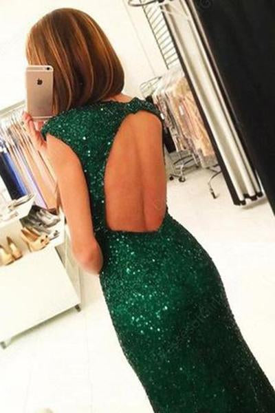 Dark Green Open Back Long Prom Dresses Sequins Split Bridesmaid Dress RS002