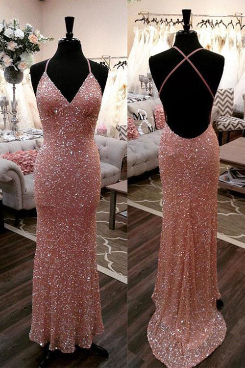 Spaghetti Straps Evening Dresses Mermaid Sequins Long Prom Dresses