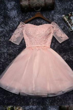 Cute Lace Tulle A-line Off the Should Half Sleeves Short Homecoming Dresses RS134