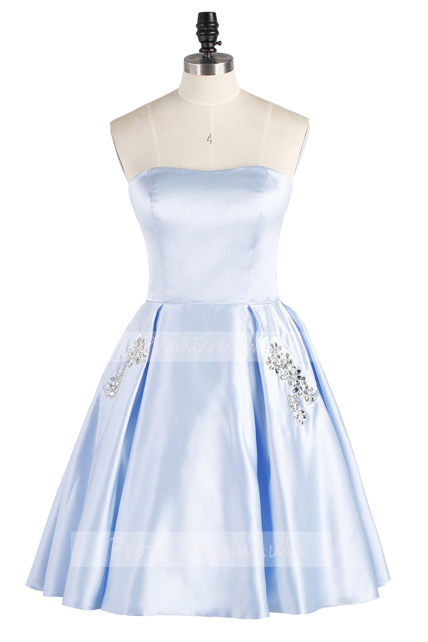 Light Sky Blue Strapless Satin Lace up Knee Length with Pockets Homecoming Dresses RS836