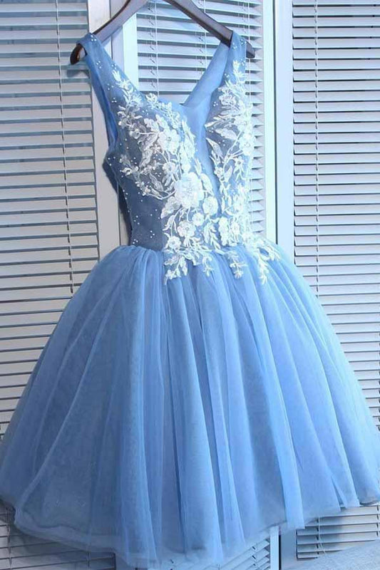 A Line V Neck Blue Tulle Cheap Beads Short Homecoming Dresses with Lace Appliques RS05