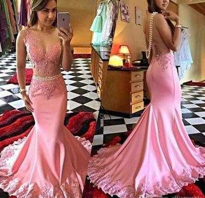 Pink Mermaid Long Illusion Bodice Applique Pearls Sheer Satin Sleeveless Prom Dresses RS36