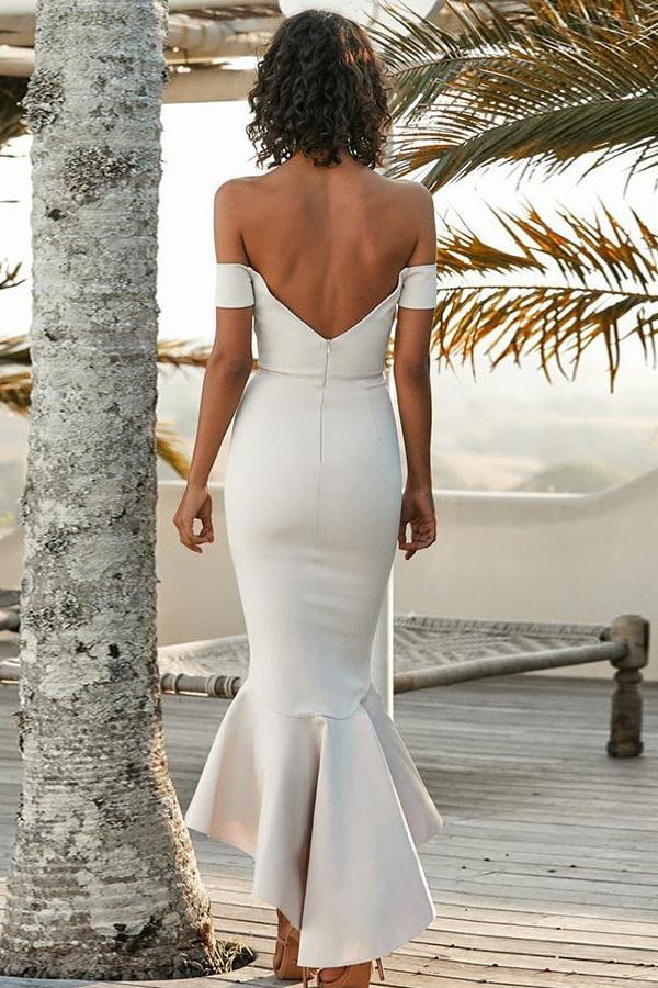 Mermaid Off the Shoulder Sweetheart Ivory Satin Open Back Ruffles Bridesmaid Dresses RS756