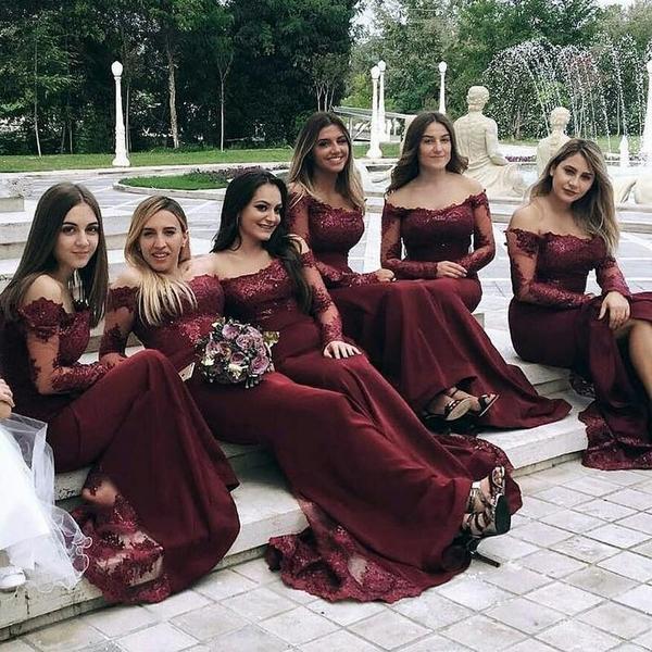 Burgundy Long Sleeves Off the Shoulder Mermaid Cheap Long Bridesmaid Dresses RS305