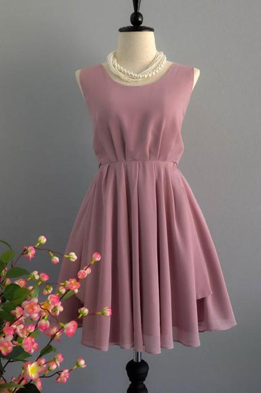 A Line Backless Dusty Rose Homecoming Dresses Scoop Chiffon Short Bridesmaid Dresses RS829