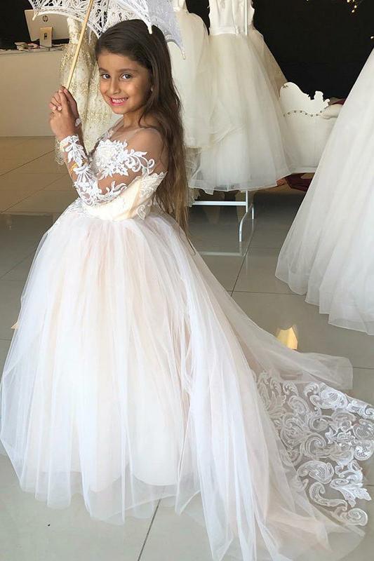 Princess A-Line Round Neck Tulle Long Sleeves Bowknot Flower Girl Dress with Appliques RS797