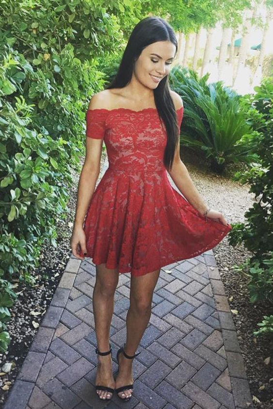 Stylish Gorgeous A-Line Off-Shoulder Red Lace Short Cute Mini Homecoming Dress RS195