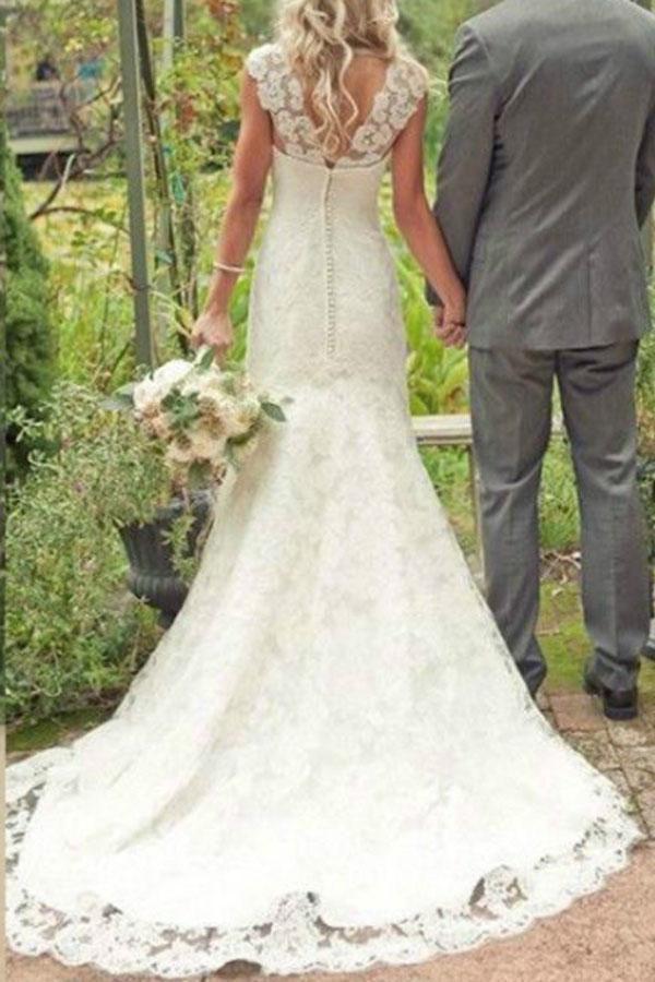 Elegant Mermaid Ivory Lace Appliques V Neck Long Beach Wedding Dresses RS997