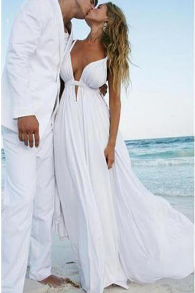 Sexy Deep V Neck White Chiffon Beach Elegant A-Line Bridal Floor-Length Wedding Dresses RS226