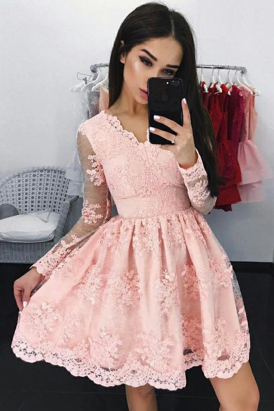 Cute A Line Long Sleeves V Neck Pink Lace Appliques Above Knee Homecoming Dresses RS795