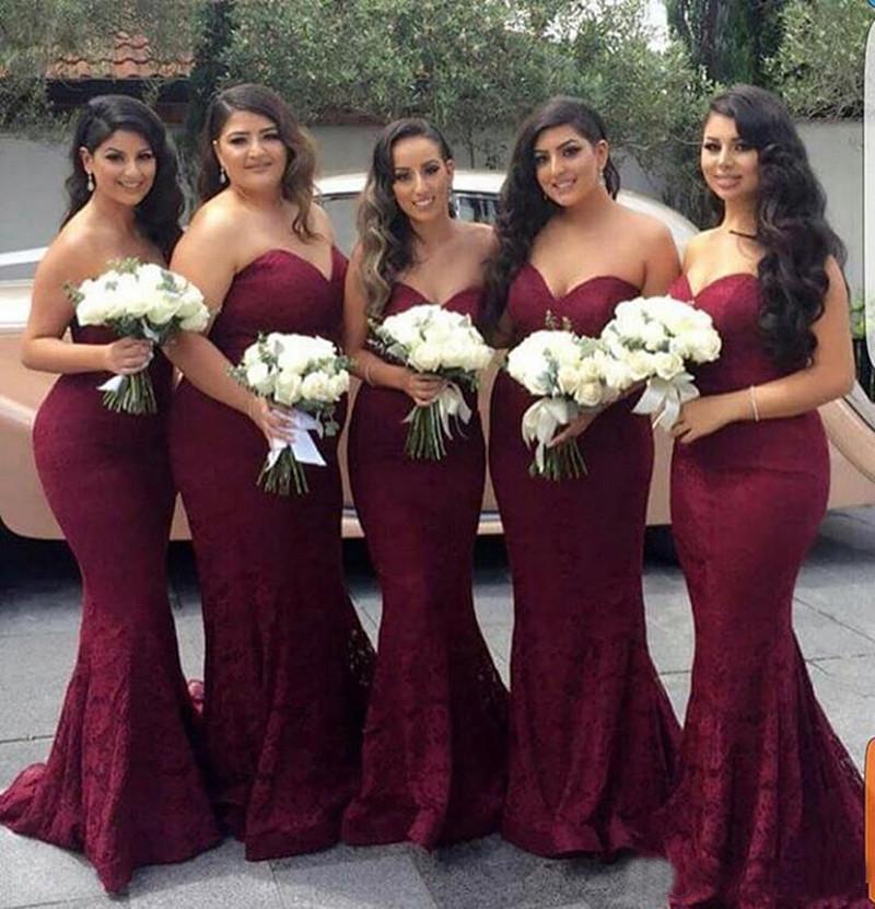 Burgundy Sweetheart Strapless Lace Mermaid Cheap Long Prom Dress Bridesmaid Dresses RS13