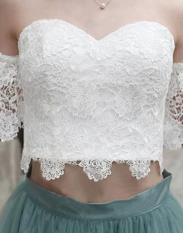 White Lace Tulle Two Pieces Off Shoulder Short Sleeve Short Prom Dress Homecoming Dress RS454