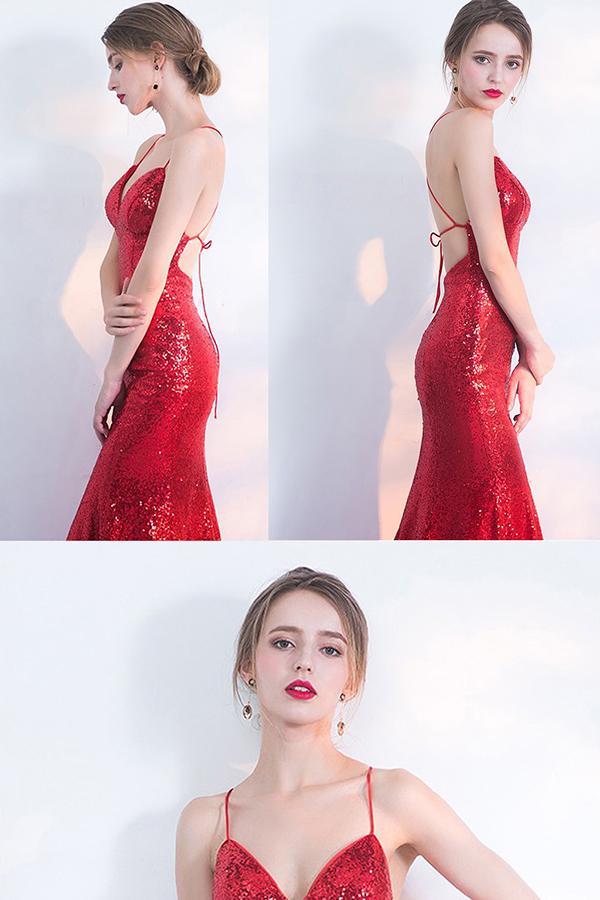 V-Neck Red Mermaid Spaghetti Straps Sparkly Backless Sleeveless Sequins Evening Dresses RS242