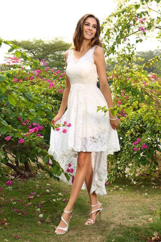 A-Line Princess V-Neck Lace Sleeveless Asymmetrical Lace High Low Bridesmaid Dresses RS286