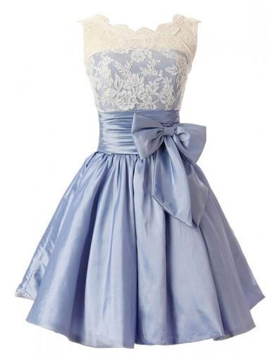 Fashion A-line Scoop Short Taffeta Blue Homecoming/Bridesmaid Dress With Bowknot RS478