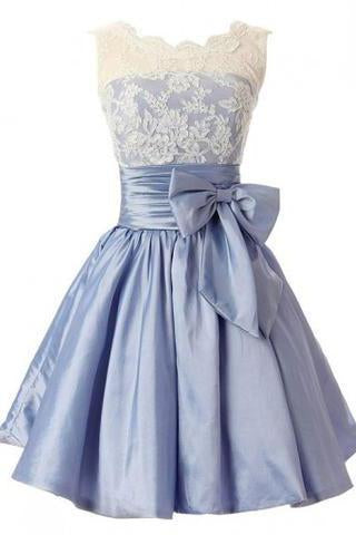 Fashion A-line Scoop Short Taffeta Blue Homecoming/Bridesmaid Dress With Bowknot RS478