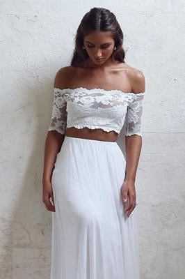 A-Line Long Lace Ivory Chiffon Off the Shoulder Short Sleeve Two Pieces Wedding Dresses RS383