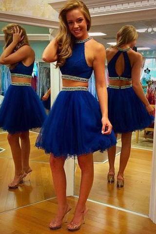 Two Piece Scoop Short Tulle Backless Royal Blue Cocktail Homecoming Dress with Beaded RS455