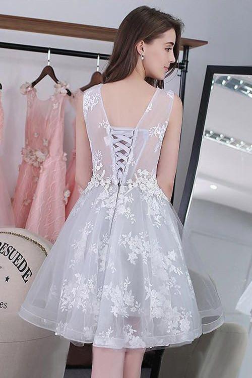 Knee-length Sleeveless Short Cute A-line Lace Appliques Tulle Homecoming Graduation Dress RS252