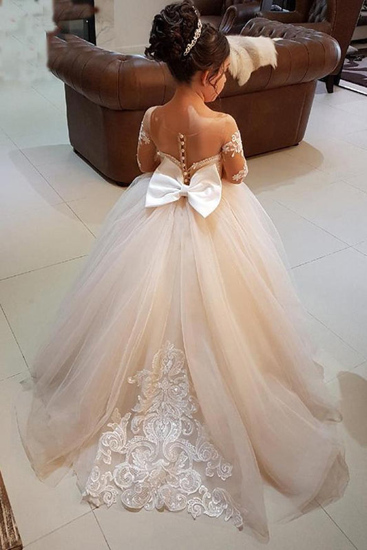 Ball Gown Round Neck Long Sleeves Tulle Bowknot Flower Girl Dress with Appliques RS770