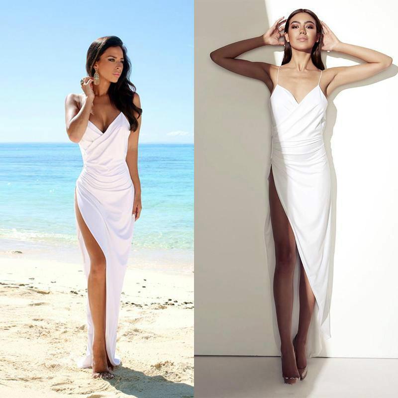 Simple Sexy Open Back Beach Side Slit Spaghetti Straps Summer White Wedding Dresses RS22