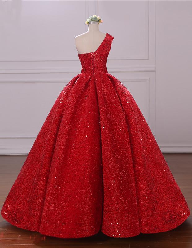 Ball Gown One Shoulder Sequins Red Sweetheart Prom Dresses Quinceanera Dresses RS39