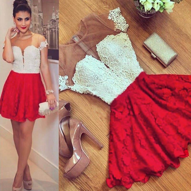 Cute Red Lace Short Sleeve Knee Length Homecoming Dress Cheap Cocktail Dresses RS470