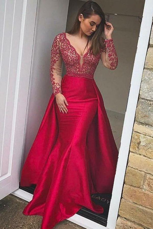 Elegant Mermaid Long Red Long Sleeve Beading V Neck Lace Satin Backless Prom Dresses RS851