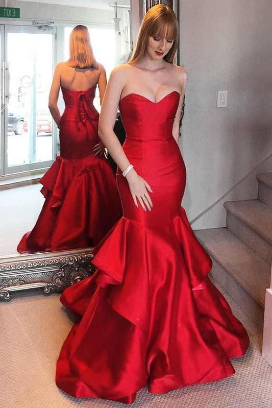 Simple Red Mermaid Sweetheart Long Prom Dresses Formal Gowns