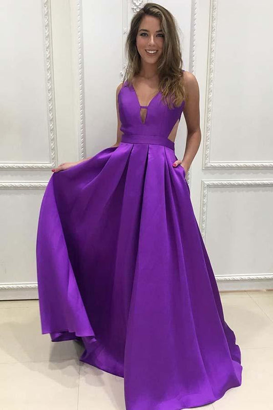 A-line V-neck Satin Long Simple Prom Dresses with Pockets Purple Bridesmaid Dresses RS603