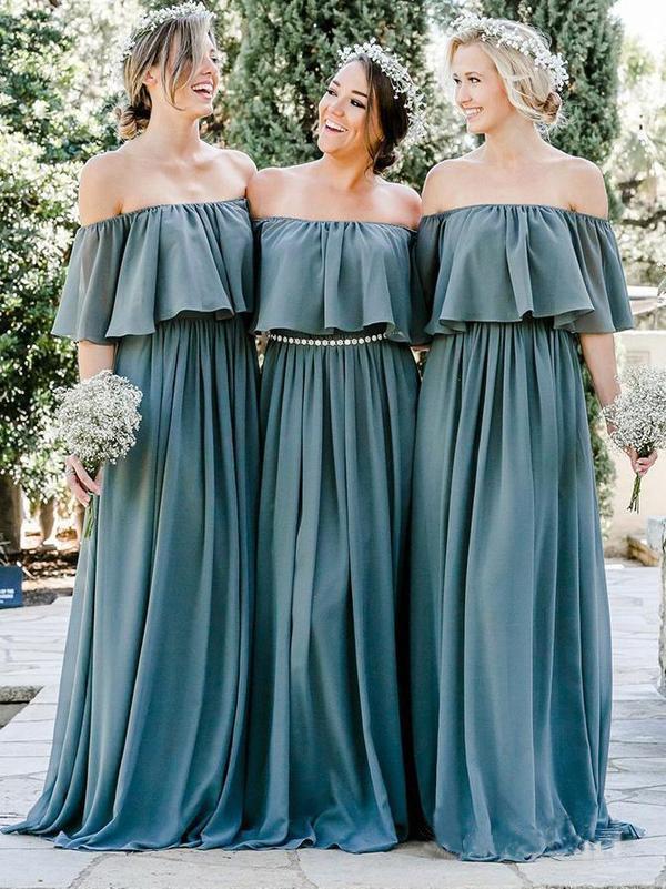 A Line Long Chiffon Off the Shoulder Slate Gray Mismatched Bridesmaid Dresses RS287