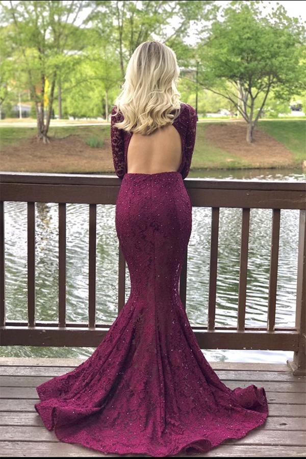 Charming High Neck Burgundy Long Sleeve Lace Mermaid Open Back Prom Dresses RS482