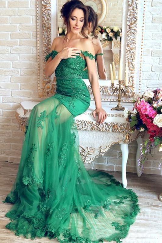 Gorgeous Green Mermaid V-Neck Lace Applique Sequins Beaded Tulle Prom Dresses RS131