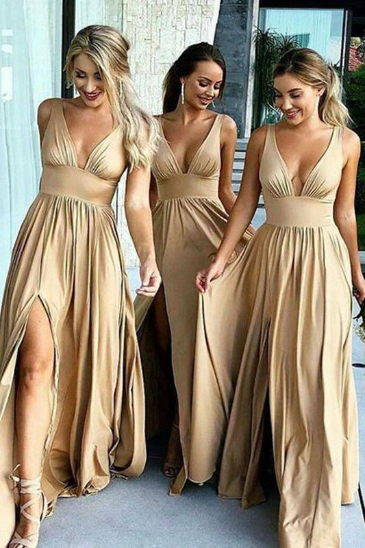 Elegant A-Line V-Neck Elastic Satin Backless Ruffles Sleeveless Bridesmaid Dress with Split RS757