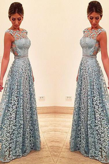 Elegant A Line Lace Appliques Long Blue Open Back Prom Dresses Homecoming Dresses RS919