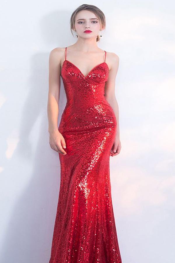 V-Neck Red Mermaid Spaghetti Straps Sparkly Backless Sleeveless Sequins Evening Dresses RS242