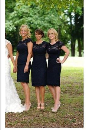 Lace Short Open Back Cheap Navy Blue Cap Sleeve Mermaid Bridesmaid Dresses RS122