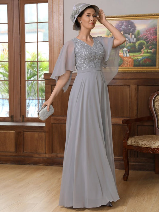 Aurora A-Line/Princess Chiffon Applique V-neck 1/2 Sleeves Floor-Length Mother of the Bride Dresses DSP0020334