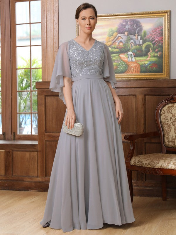 Aurora A-Line/Princess Chiffon Applique V-neck 1/2 Sleeves Floor-Length Mother of the Bride Dresses DSP0020334