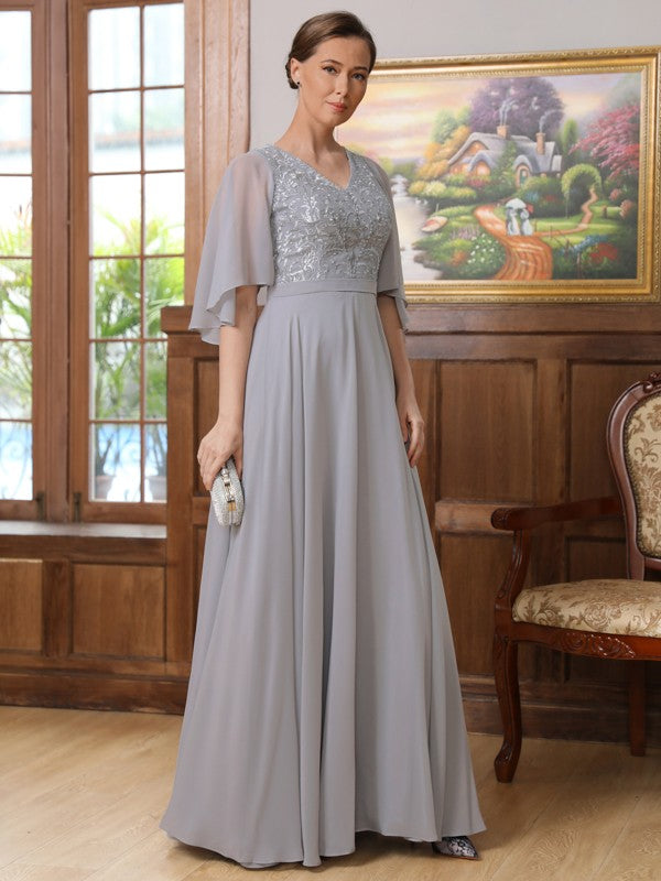 Aurora A-Line/Princess Chiffon Applique V-neck 1/2 Sleeves Floor-Length Mother of the Bride Dresses DSP0020334