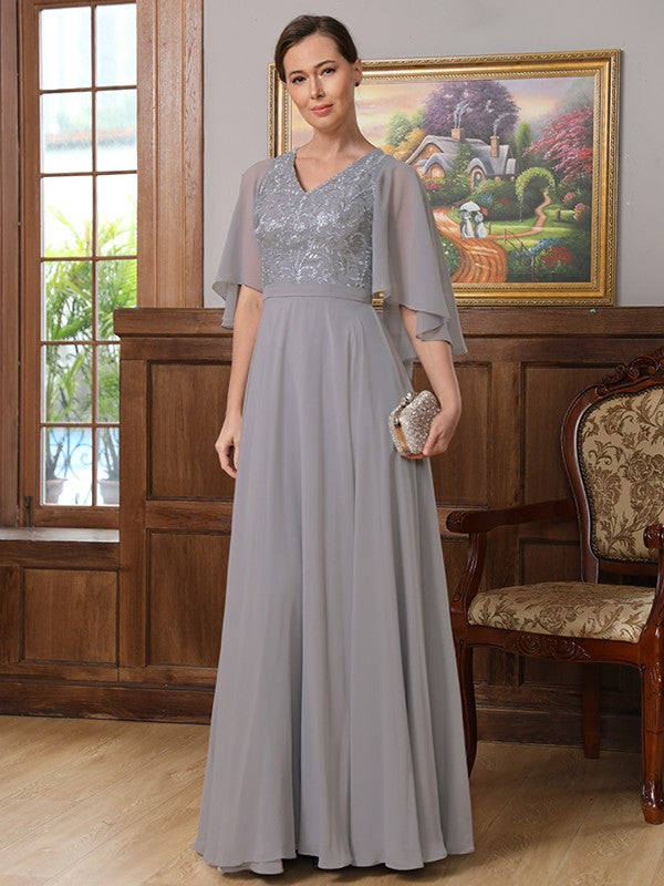 Aurora A-Line/Princess Chiffon Applique V-neck 1/2 Sleeves Floor-Length Mother of the Bride Dresses DSP0020334