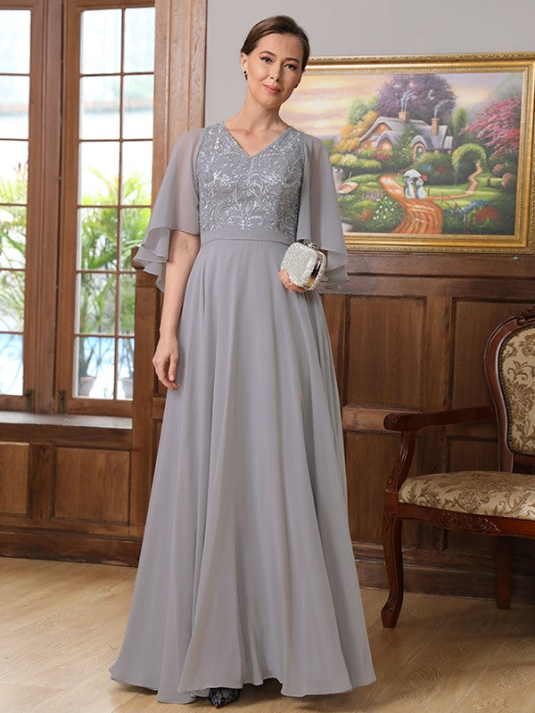 Aurora A-Line/Princess Chiffon Applique V-neck 1/2 Sleeves Floor-Length Mother of the Bride Dresses DSP0020334