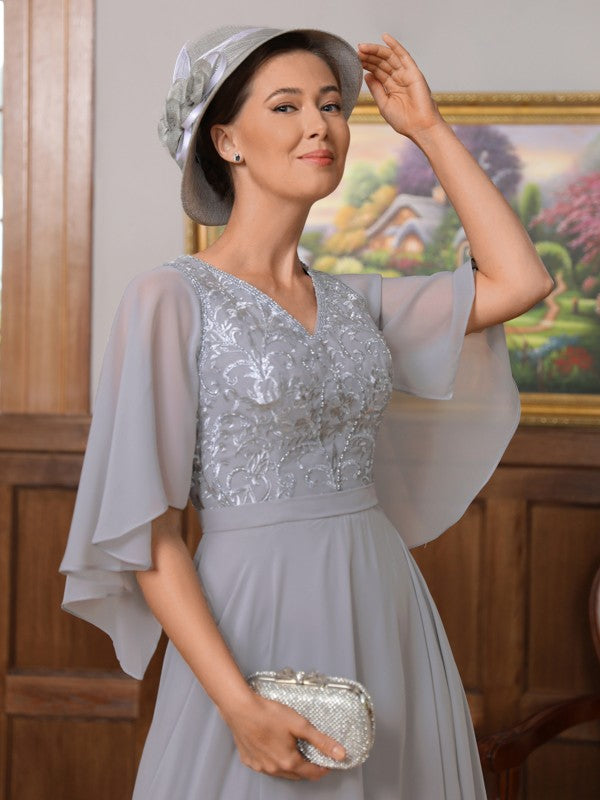 Aurora A-Line/Princess Chiffon Applique V-neck 1/2 Sleeves Floor-Length Mother of the Bride Dresses DSP0020334