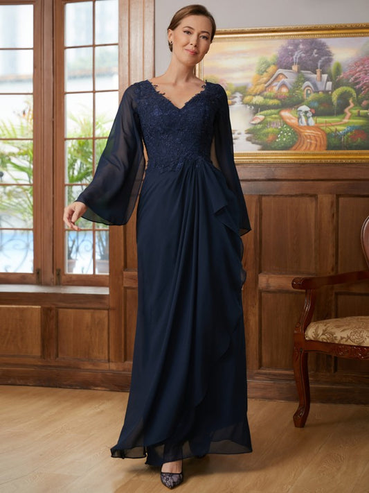 Jade A-Line/Princess Chiffon Applique V-neck Long Sleeves Floor-Length Mother of the Bride Dresses DSP0020335