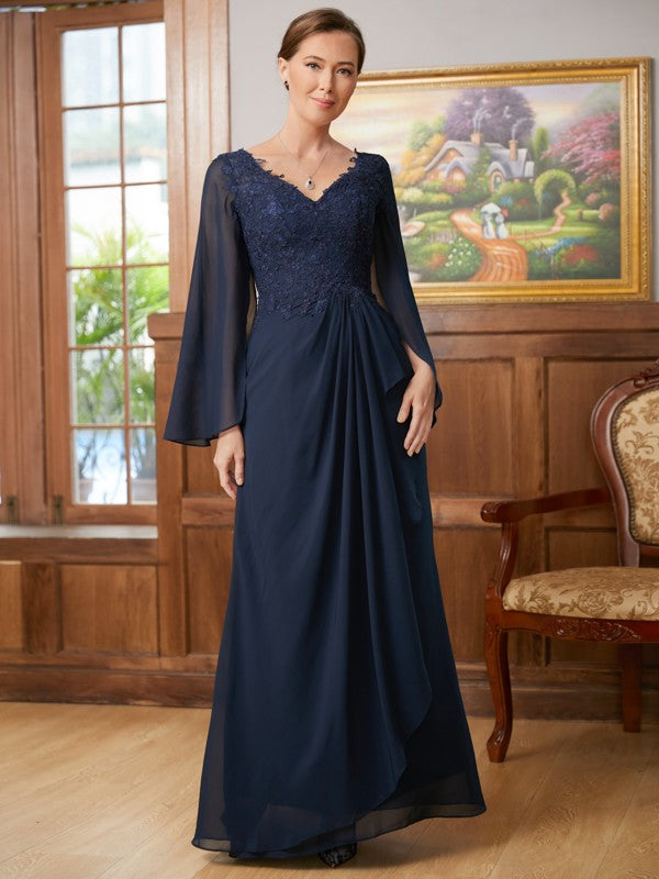 Jade A-Line/Princess Chiffon Applique V-neck Long Sleeves Floor-Length Mother of the Bride Dresses DSP0020335